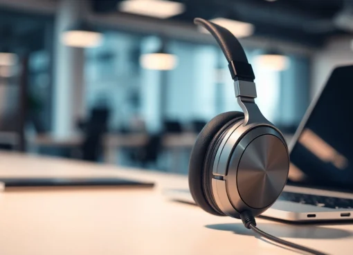 Headset showcased on a sleek desk amidst a modern workspace, emphasizing clarity and design.