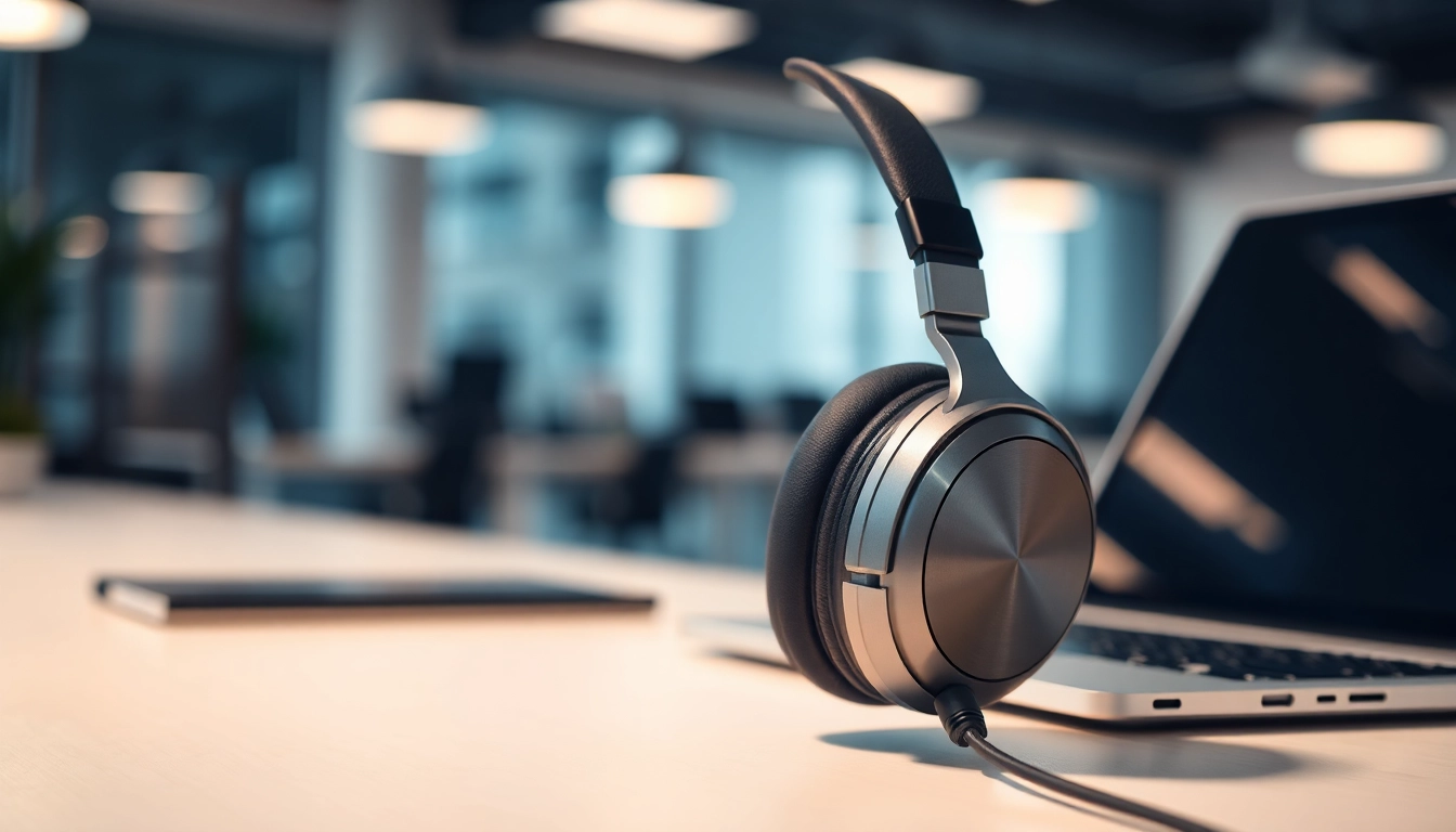 Headset showcased on a sleek desk amidst a modern workspace, emphasizing clarity and design.