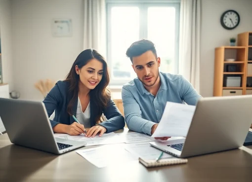 Engaging a couple discussing earnest refinance referral in a bright home office.