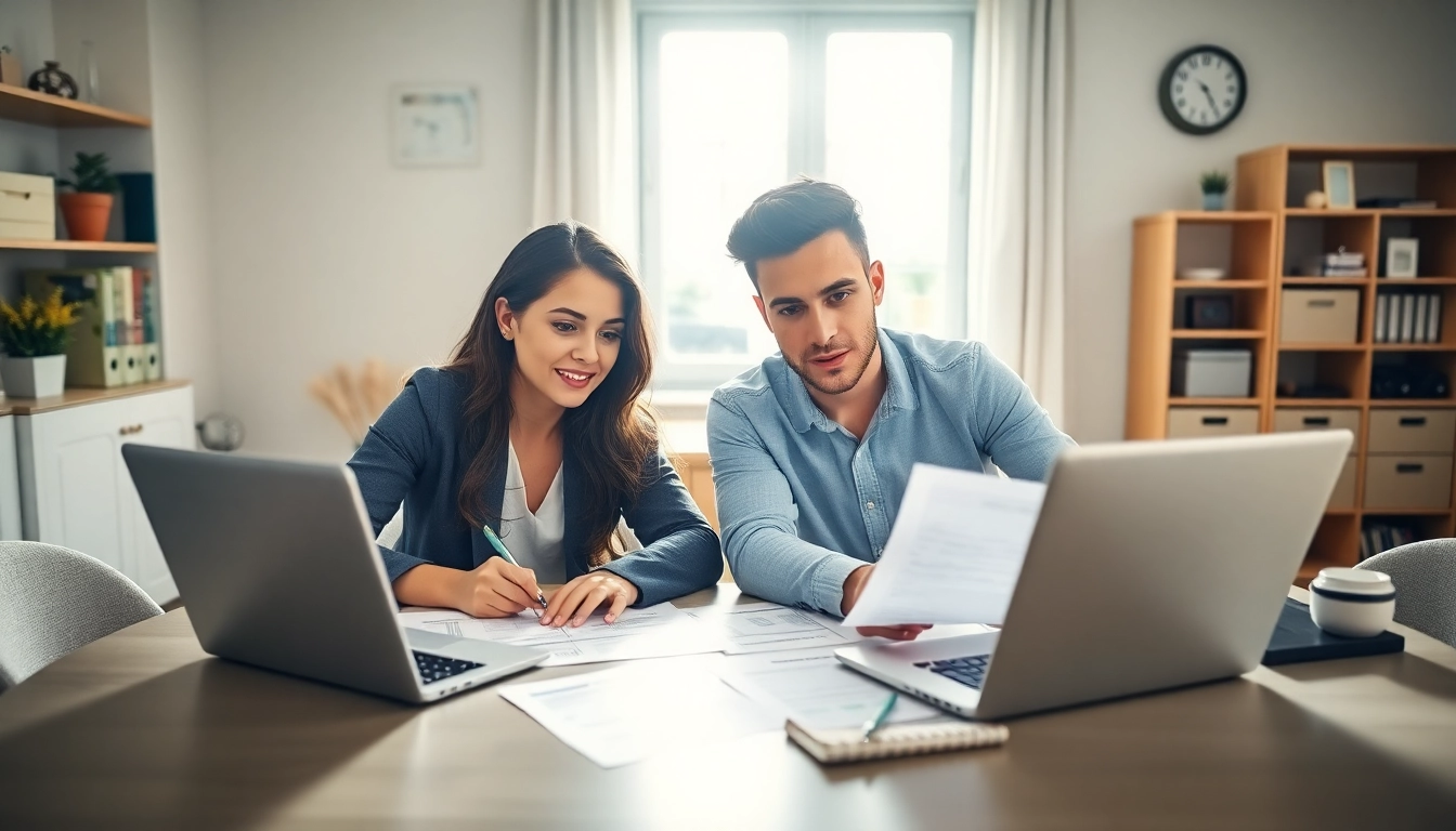Engaging a couple discussing earnest refinance referral in a bright home office.