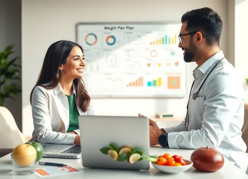 Nutritionist provides a tailored weight plan in a bright, inviting office to promote healthy living.