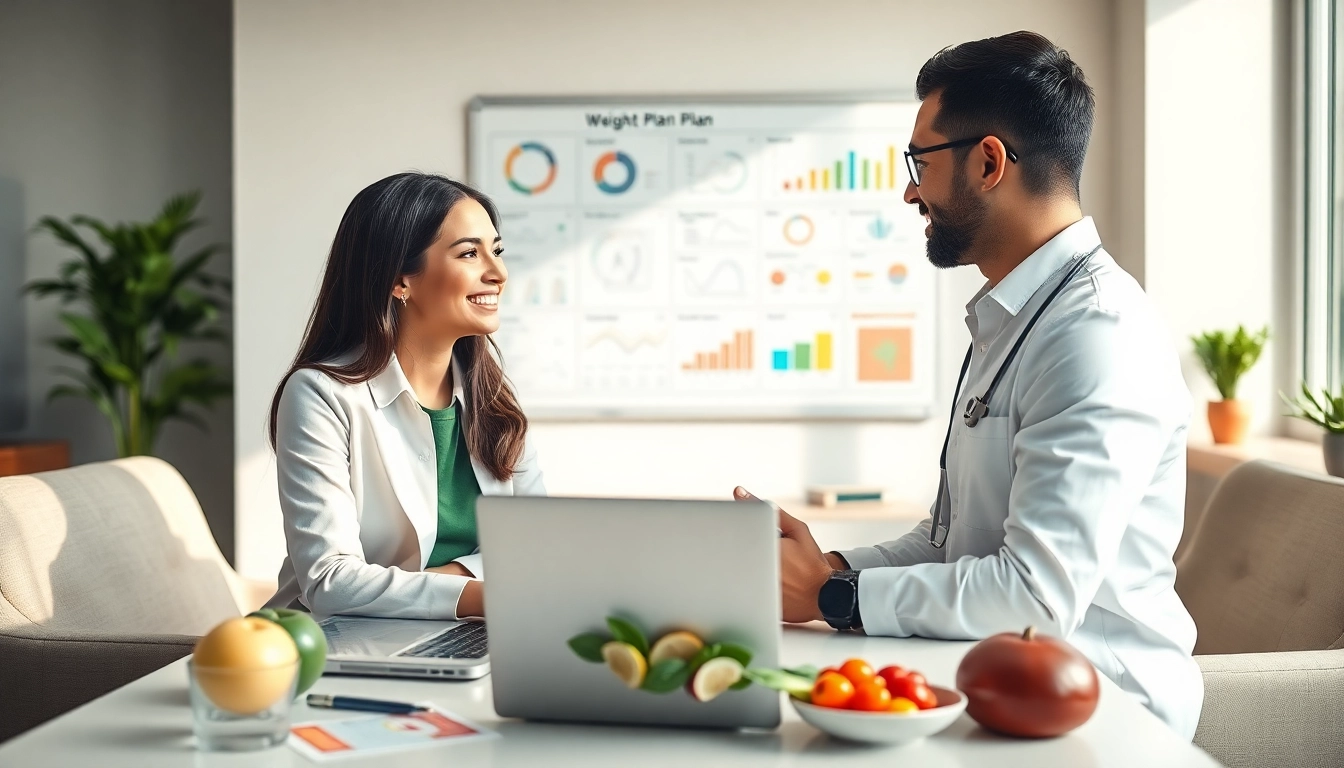 Nutritionist provides a tailored weight plan in a bright, inviting office to promote healthy living.