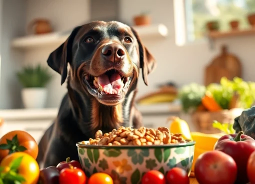 Dog enjoying nature's blend dog food canada with vibrant fruits and veggies in a bright kitchen.