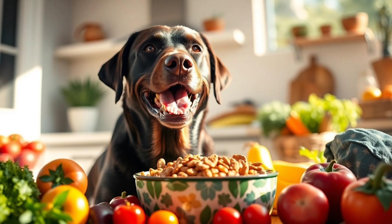 Dog enjoying nature's blend dog food canada with vibrant fruits and veggies in a bright kitchen.