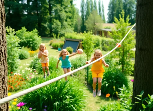 Kids enjoying a GARDEN ZIP WIRE KIT in a bright, vibrant garden setting filled with laughter and adventure.