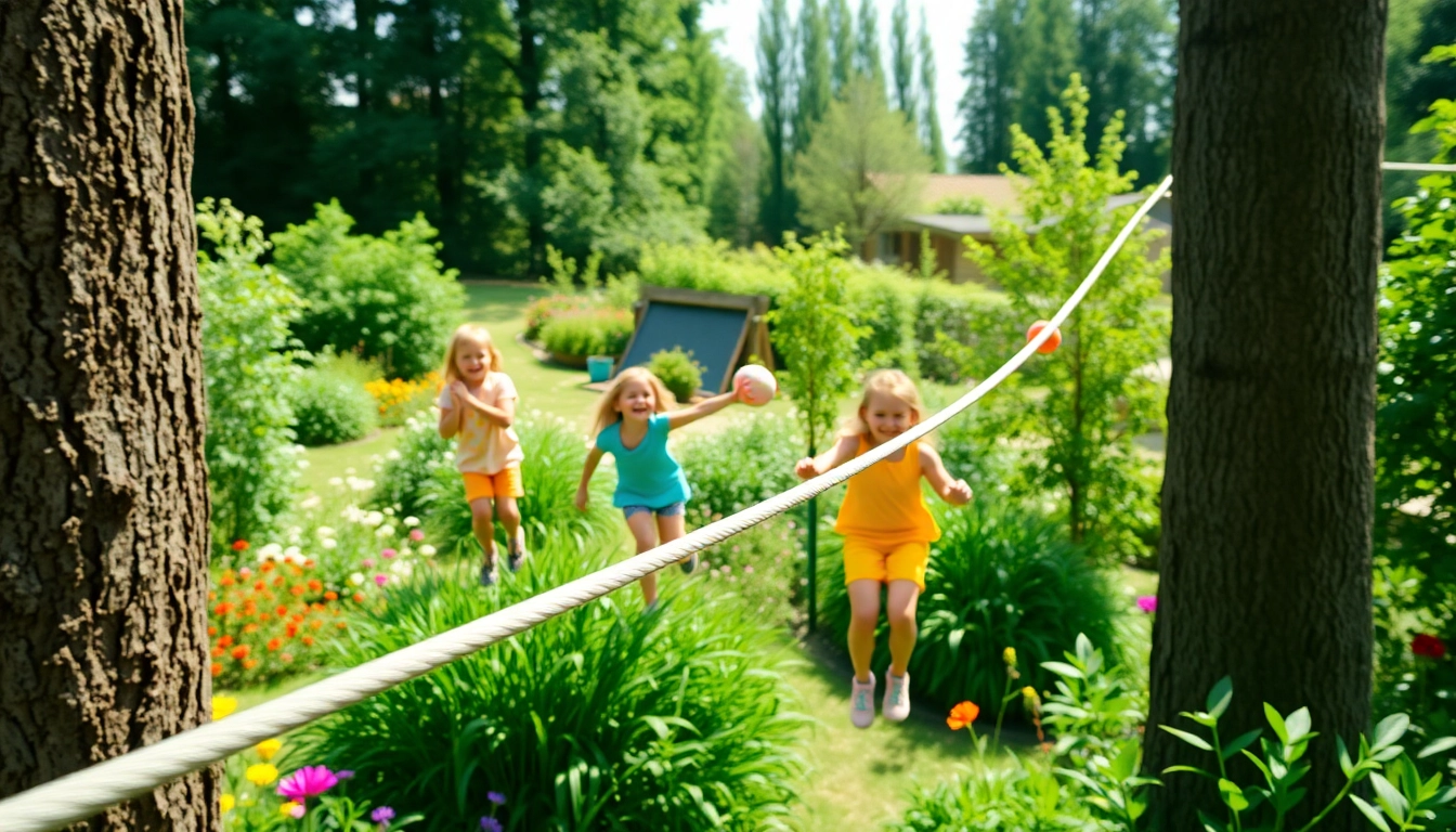 Kids enjoying a GARDEN ZIP WIRE KIT in a bright, vibrant garden setting filled with laughter and adventure.
