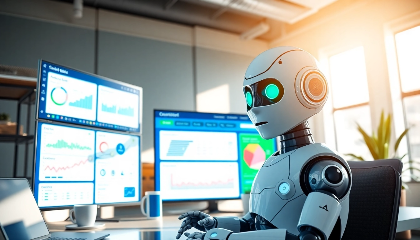 Engaging AI bot for websites showcased in a modern office setting with digital interactions.