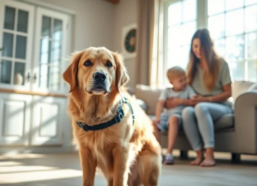 Buy a service dog for emotional support highlighted by a golden retriever in a family setting.