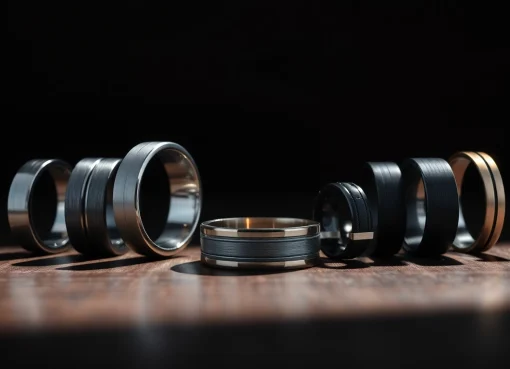 Showcasing luxurious tungsten wedding rings with intricate designs on a dark wood background.