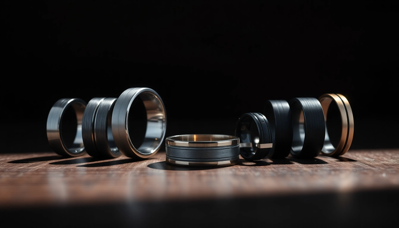Showcasing luxurious tungsten wedding rings with intricate designs on a dark wood background.