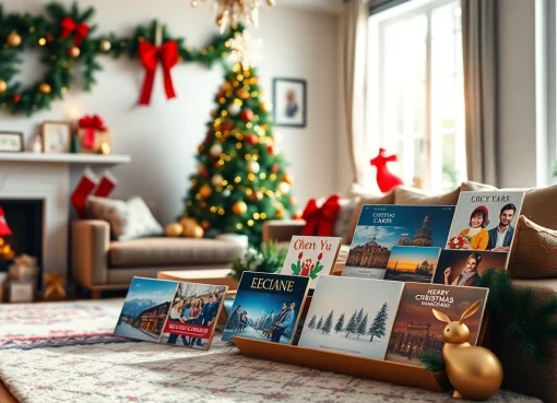 Showcasing creative online Christmas cards London in a festive living room setting, inviting warm holiday cheer.