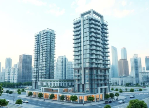 Die 3D Visualisierung eines modernen Hochhauses in einer urbanen Umgebung, fotorealistisch und detailliert.