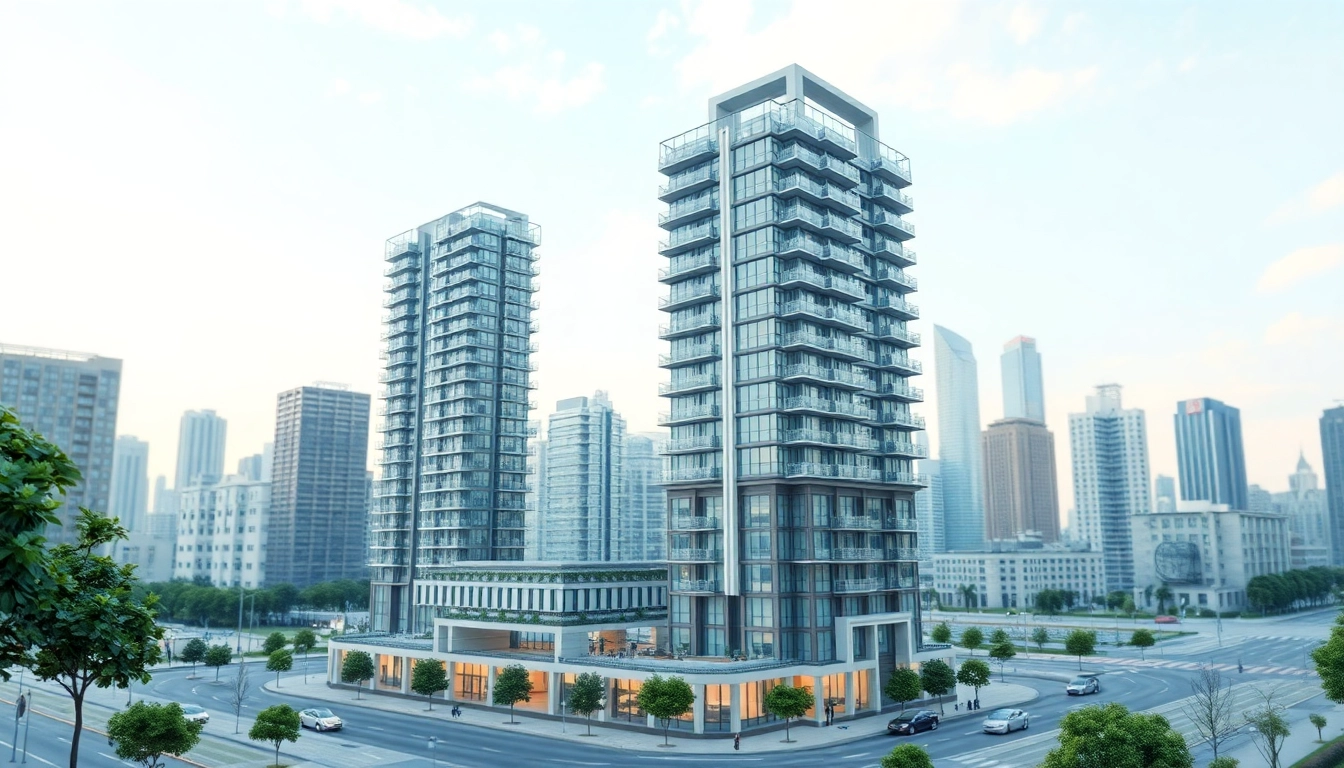 Die 3D Visualisierung eines modernen Hochhauses in einer urbanen Umgebung, fotorealistisch und detailliert.