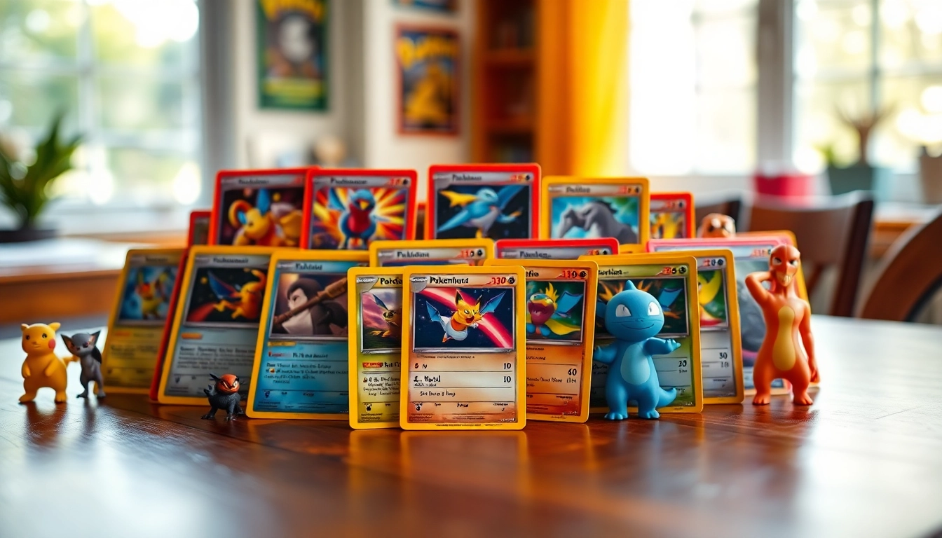 Showcase of real pokemon cards in India with vibrant colors and Pokémon figurines in an inviting setting.