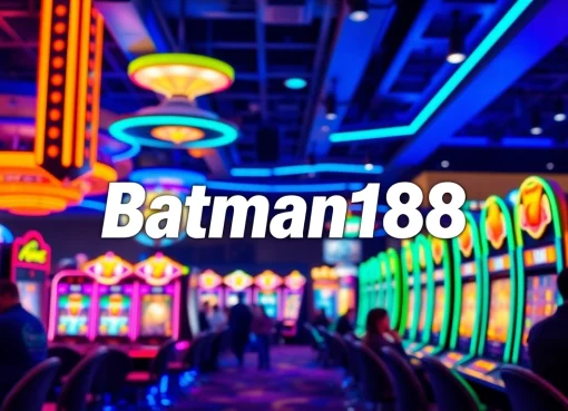 Menggambarkan suasana bermain di situs slot batman138 dengan mesin slot berwarna-warni dan pemain antusias.