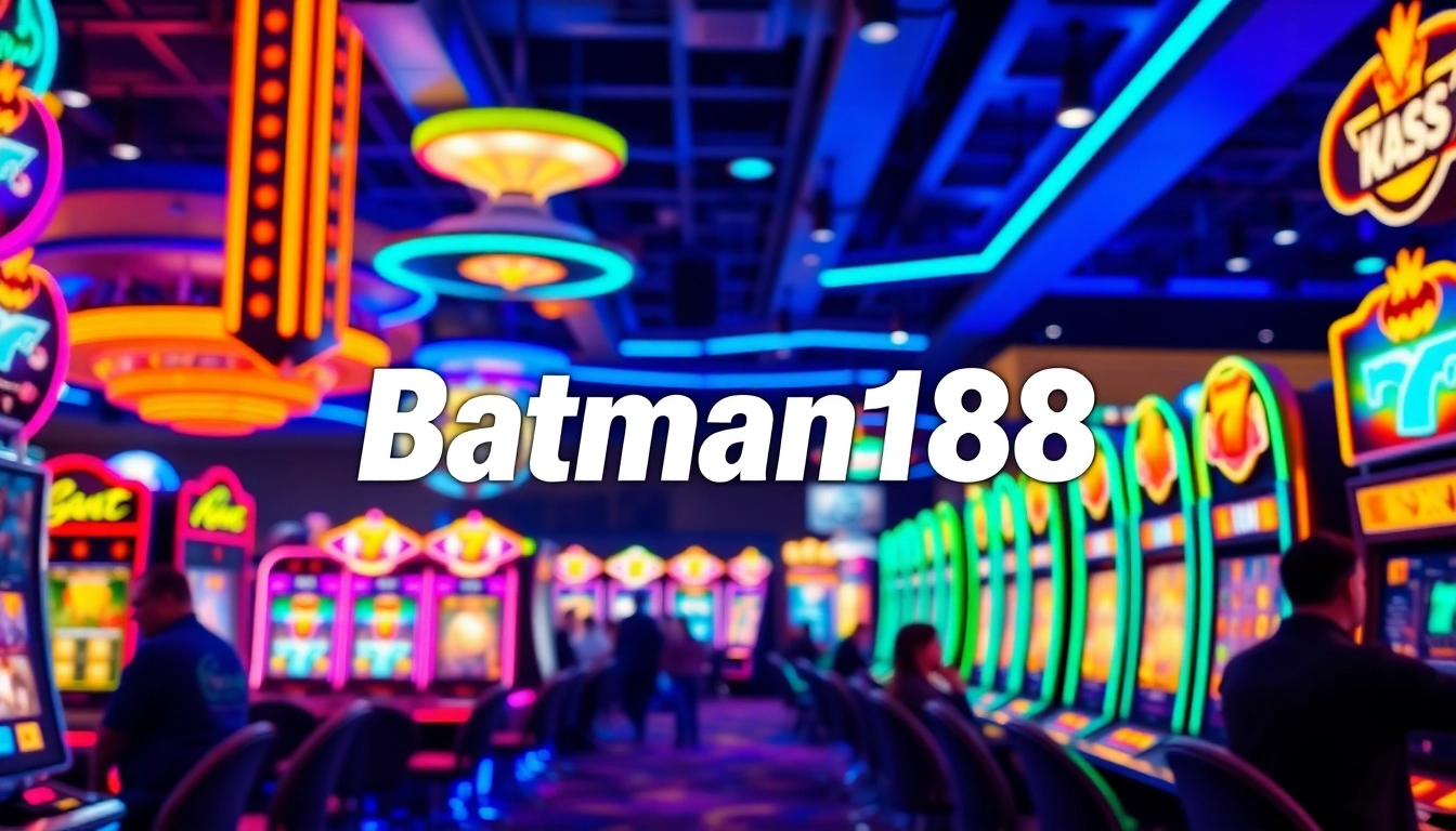 Menggambarkan suasana bermain di situs slot batman138 dengan mesin slot berwarna-warni dan pemain antusias.