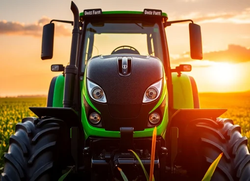 Deutz Fahr Traktor im Einsatz auf einem grünen Feld mit dynamischem Design und lebendigen Farben.