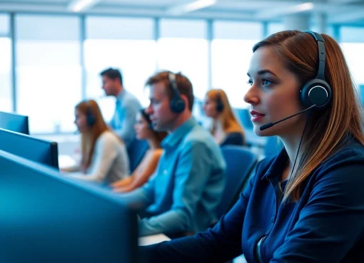 Experience call center services within a vibrant office showcasing a diverse team collaborating professionally.