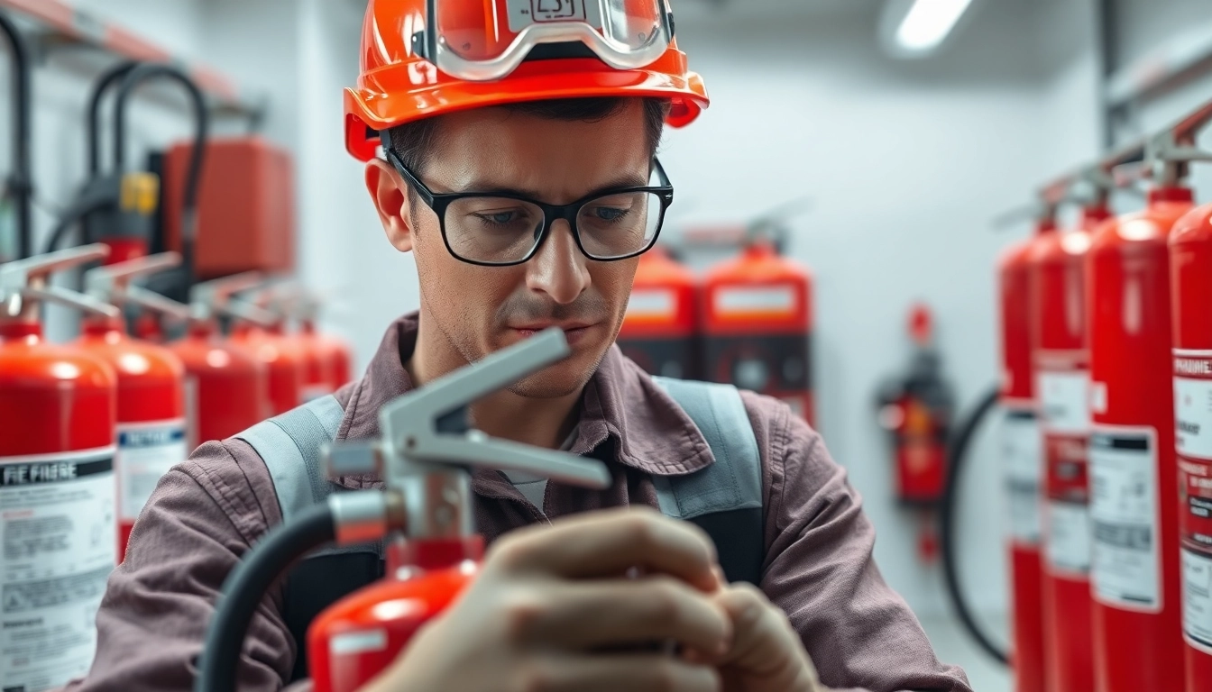 Technician performing fire extinguisher servicing inspection in a professional setting.