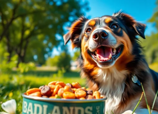 A cheerful dog enjoying badlands ranch dog food, highlighting freshness and health in a natural setting.