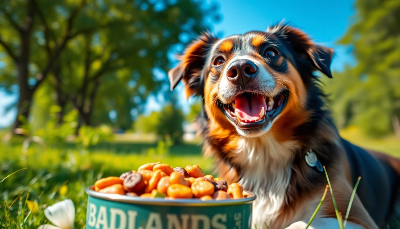 A cheerful dog enjoying badlands ranch dog food, highlighting freshness and health in a natural setting.