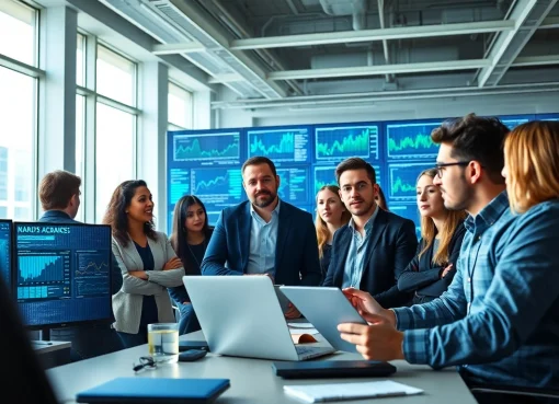Team analyzing data insights on AI for competitive intelligence in a modern workspace.
