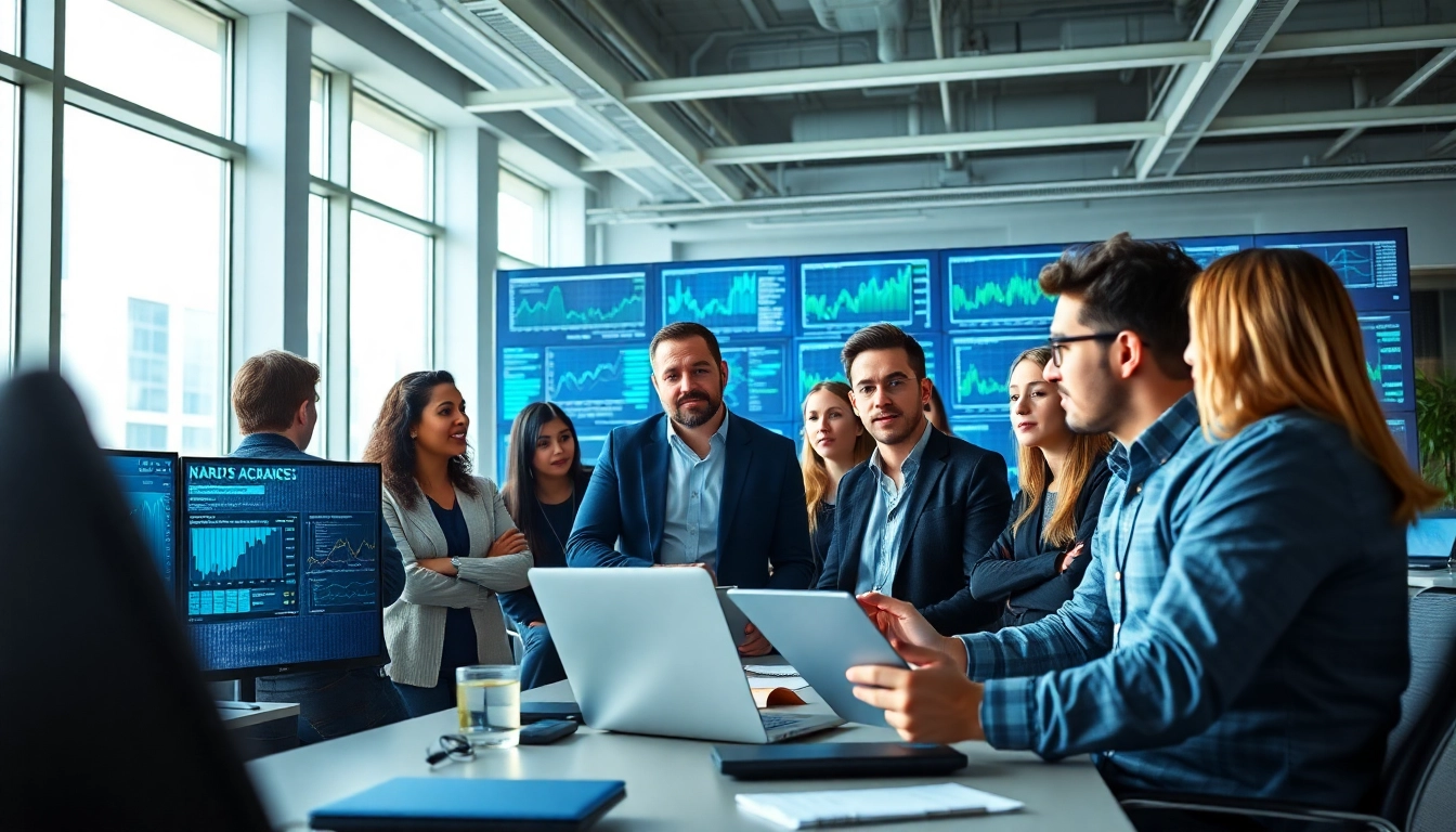 Team analyzing data insights on AI for competitive intelligence in a modern workspace.