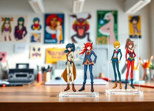 Showcase of vibrant acrylic standees featuring custom designs on a modern desk setting