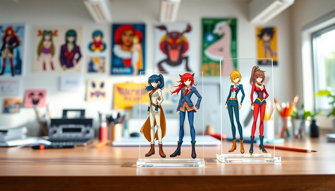 Showcase of vibrant acrylic standees featuring custom designs on a modern desk setting