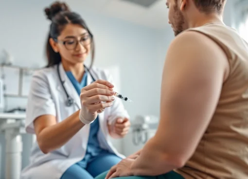 Patient receiving an Injectable Weight Loss treatment from a healthcare provider in a sterile environment.