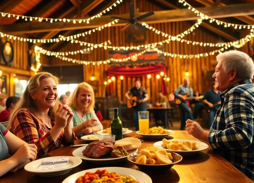 Cheerful family enjoying food and live performances at Firelight Barn Dinner Theater.