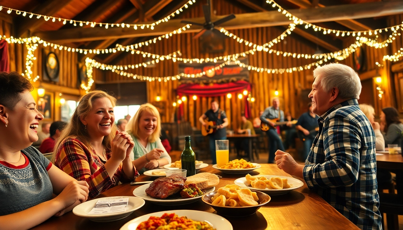 Cheerful family enjoying food and live performances at Firelight Barn Dinner Theater.