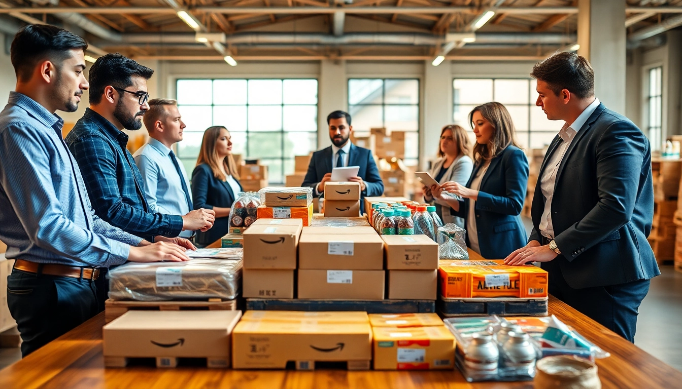 Business team discussing strategies for amazon business wholesale with case packs and pallets.