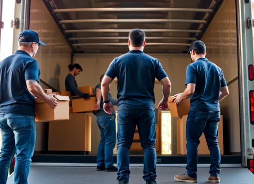 Movers Calgary professionals loading furniture into a moving truck in a bright, residential neighborhood.