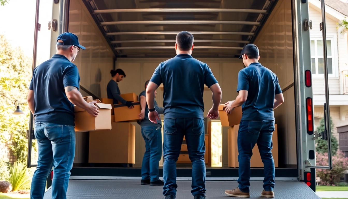 Movers Calgary professionals loading furniture into a moving truck in a bright, residential neighborhood.