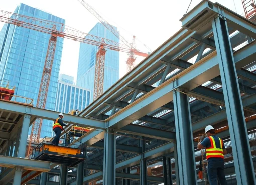 Workers conducting structural steel installation on a construction site, emphasizing precision and teamwork.