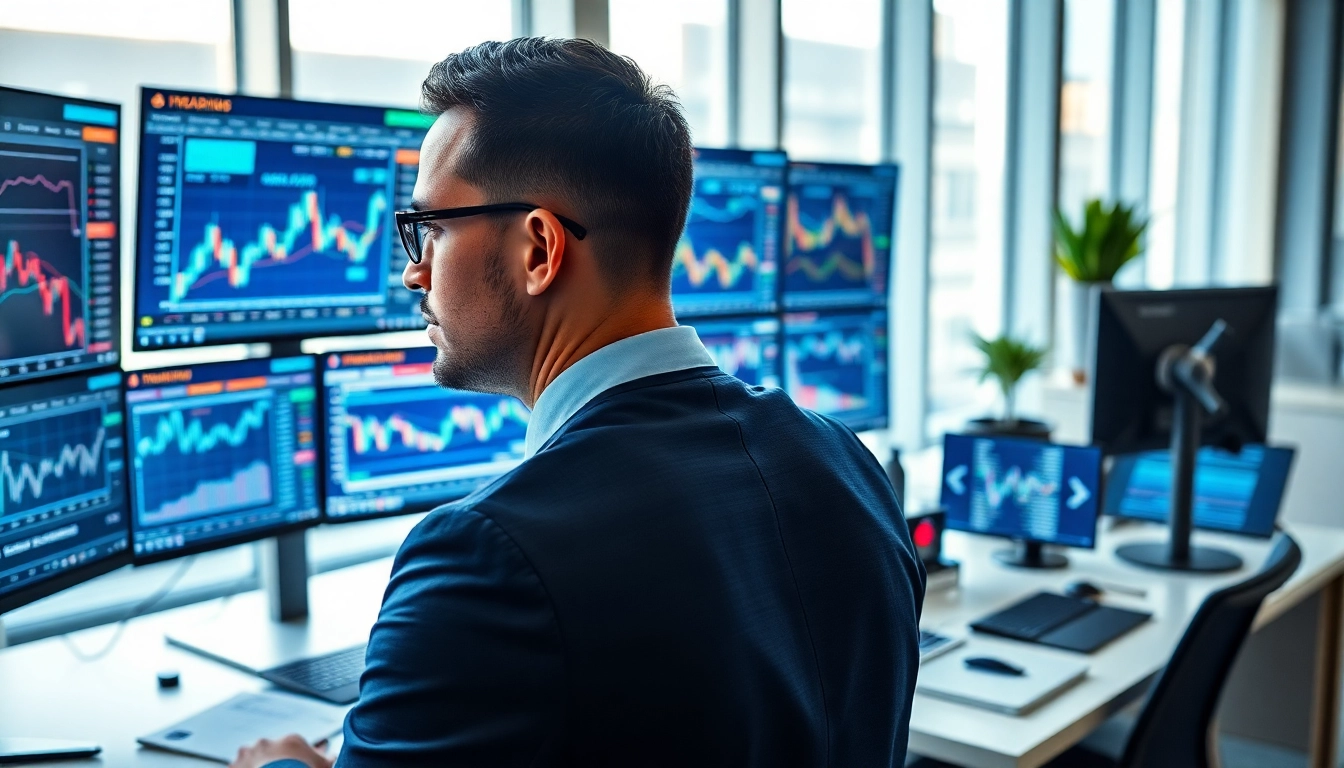 Evaluate automated trading strategies with advanced algorithms on multiple screens in a modern office.