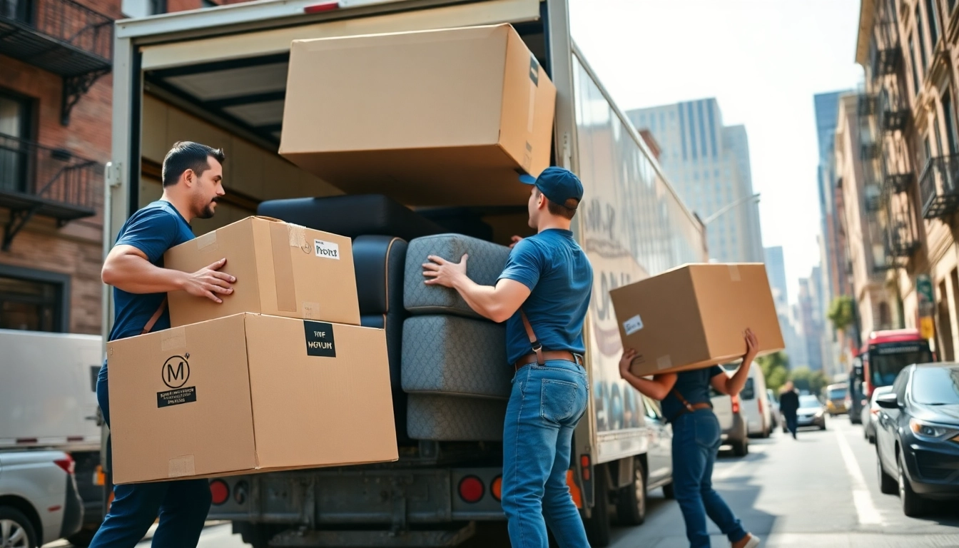 Brooklyn movers efficiently loading furniture onto a truck on a busy street with strong focus.