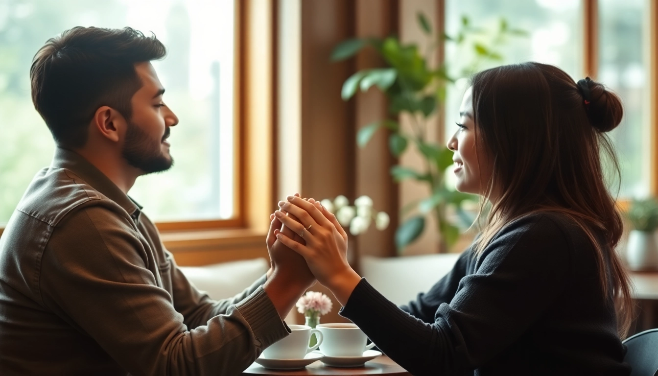 A couple practicing communication in relationships through meaningful conversation over coffee.