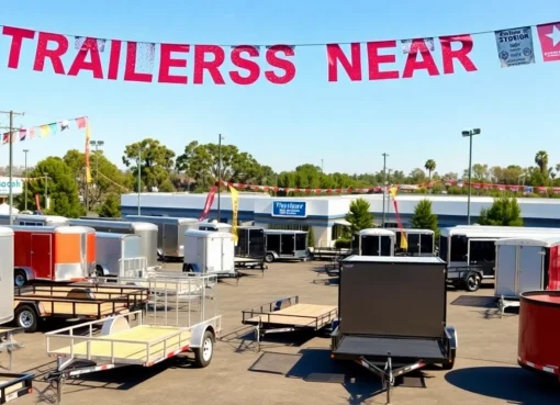 View of various trailers near me displayed at a vibrant dealership in a sunny outdoor environment.