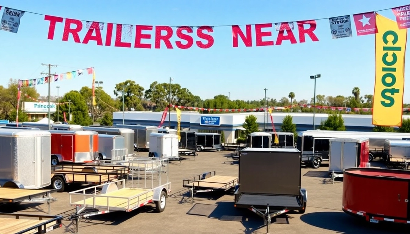 View of various trailers near me displayed at a vibrant dealership in a sunny outdoor environment.