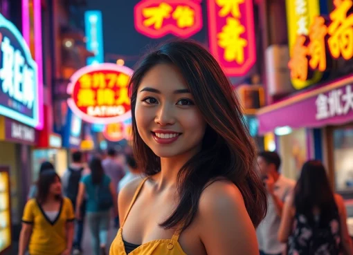 다낭에코걸의 매력을 느끼며 즐기는 모습, 활기찬 밤문화가 배경에 흐릅니다.