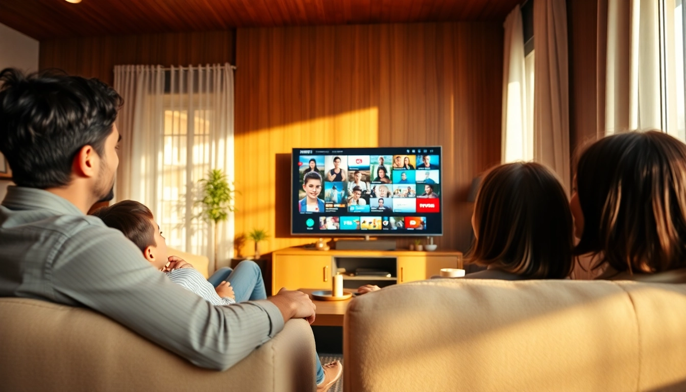 Comprar IPTV en un acogedor salón con una familia disfrutando de la televisión.