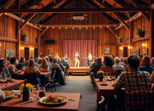 Experience vibrant dinner theater in las vegas with lively audience and a rustic barn setting.