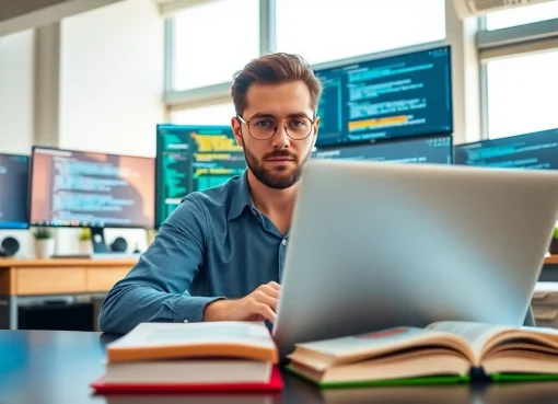 Developer coding PHP for WordPress development in a bright office