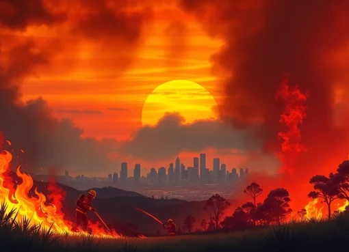 Firefighters battling a wildfire event perth in a dramatic setting with vibrant flames and city background.