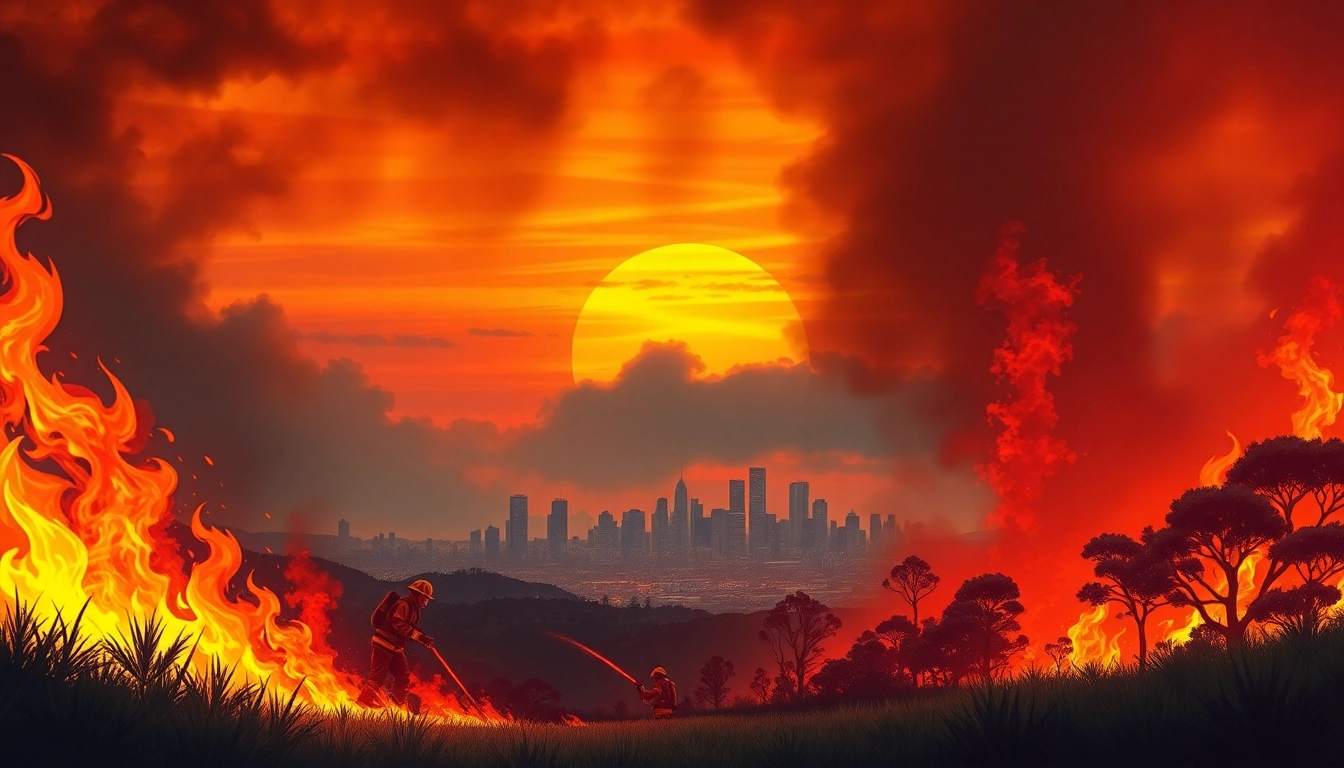 Firefighters battling a wildfire event perth in a dramatic setting with vibrant flames and city background.