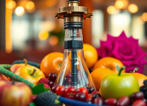 Indulge in flavor for hookah with a vibrant display of fruits around an elegant hookah setup.