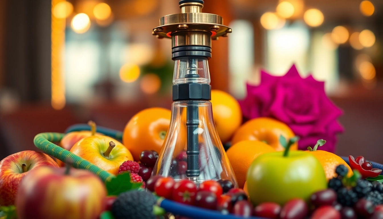Indulge in flavor for hookah with a vibrant display of fruits around an elegant hookah setup.