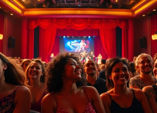 Engaged audience enjoying a matinee vegas performance with vibrant theater lights.